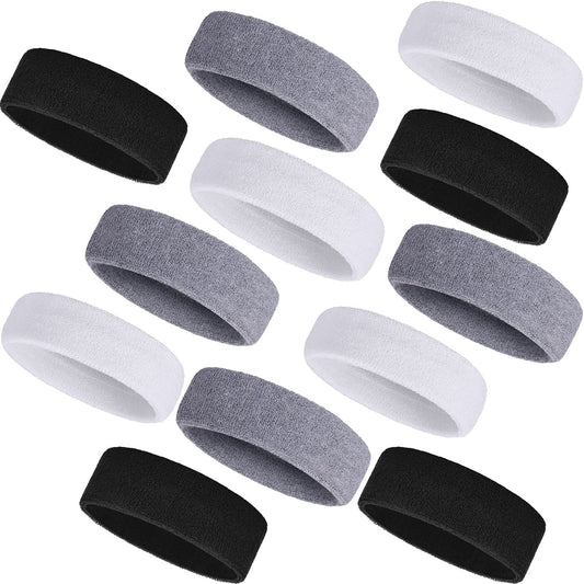 Bememo 12 Pcs Sweatbands Sport Headbands for Men & Women Basketball Headband Sport Competitions Sweat Headbands Running Terry Cloth Moisture Wicking for Yoga,Tennis,Gym,Exercise(Black, Grey, White)
