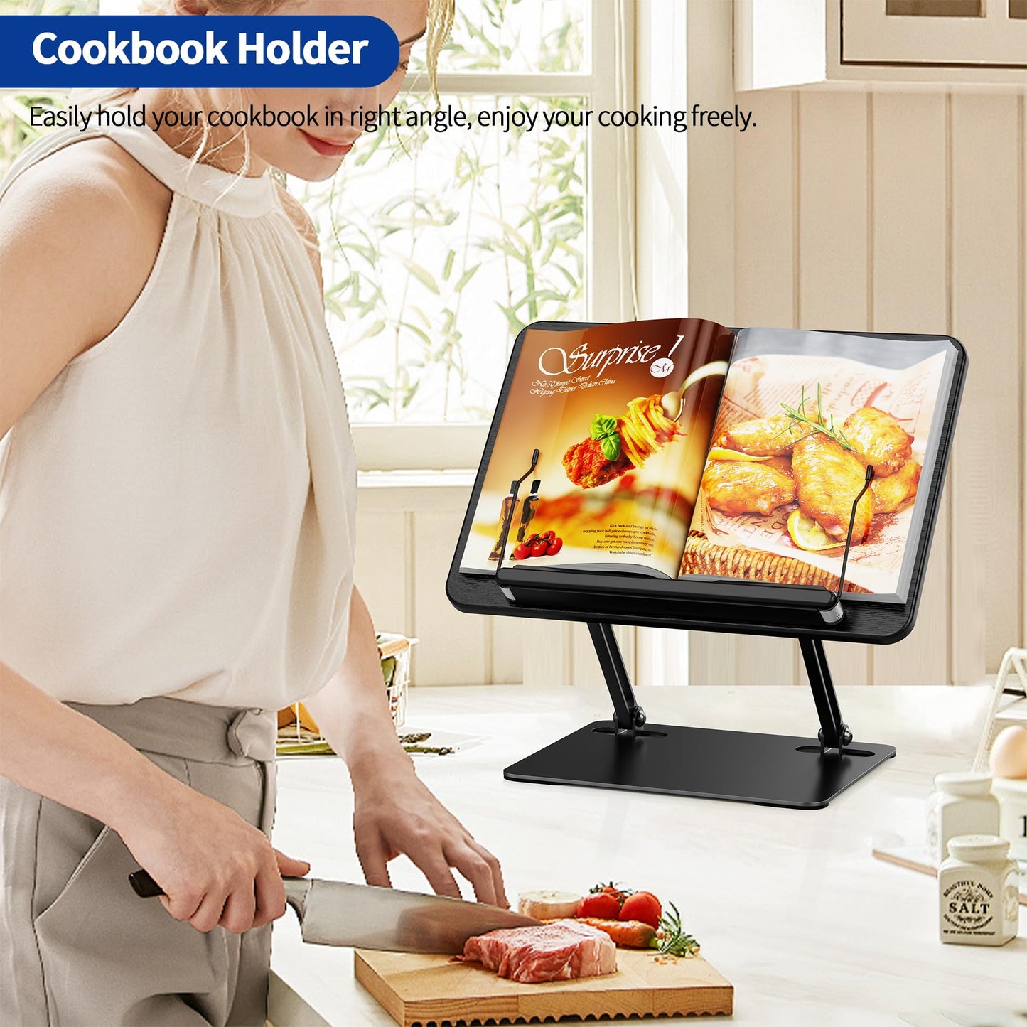 BESIGN BS01 Book Stand for Reading, Adjustable Book Holder, Ergonomic Laptop Stand with Elastic Page Clips for Music Scores, Recipe, Tablet, Laptop (Black)