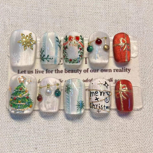 30Pcs Christmas Press on Nails Short Square Fake Nails Xmas Trees Garland False Nails with 3D Gold Snowflake Gems Gift Ball Design glitter Glue on Nails Full Cover Artificial Stick on Nail for Women