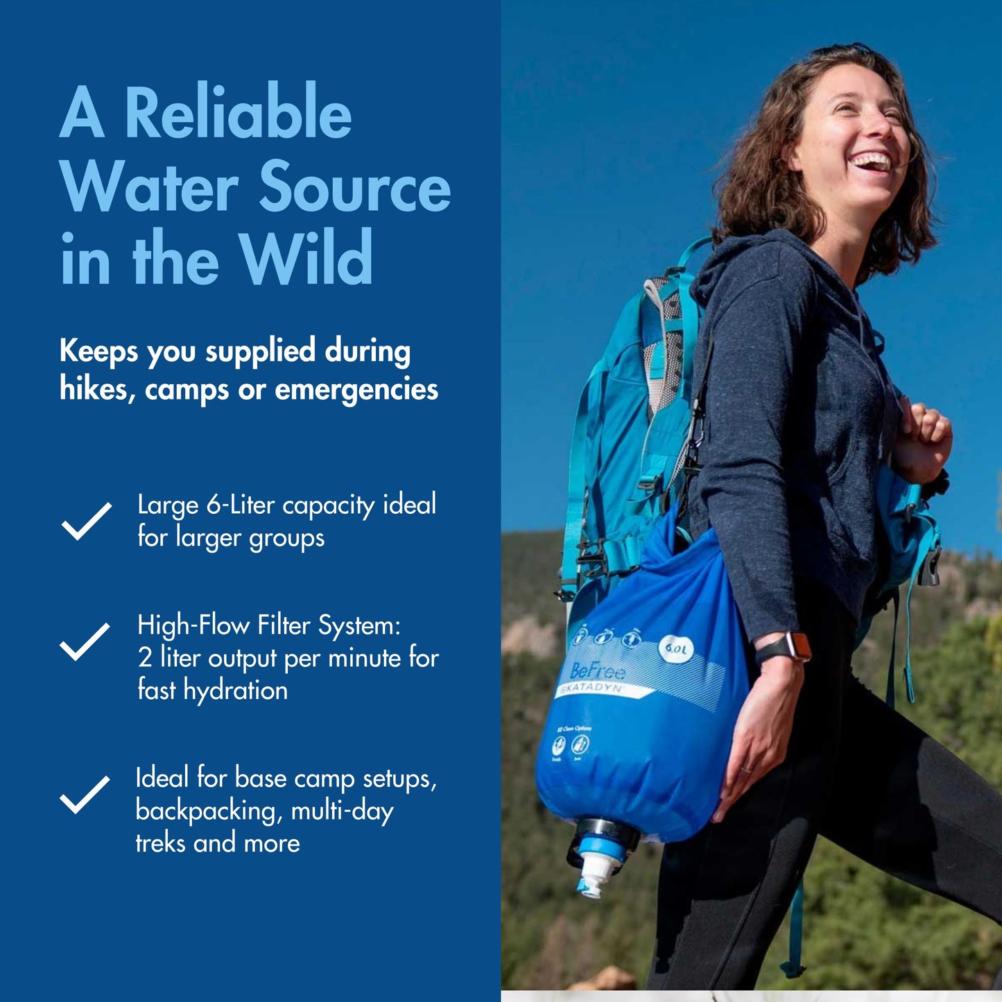 Katadyn Gravity BeFree 6L Water Microfilter, Camping, Backpacking, Emergency Preparedness, Blue
