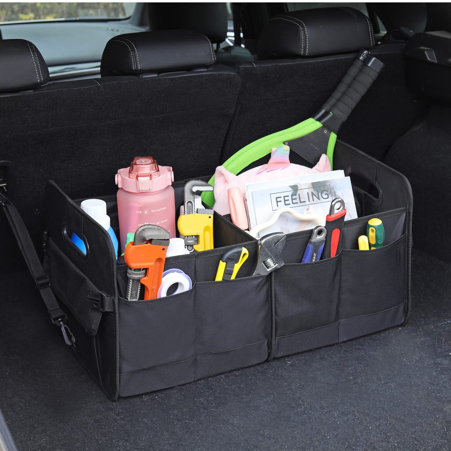 AOKJOY Car Trunk Organizer Car Storage Organizer Collapsible Multi Compartment Car Organizer Adjustable Straps Car Organizer for SUV(Black)