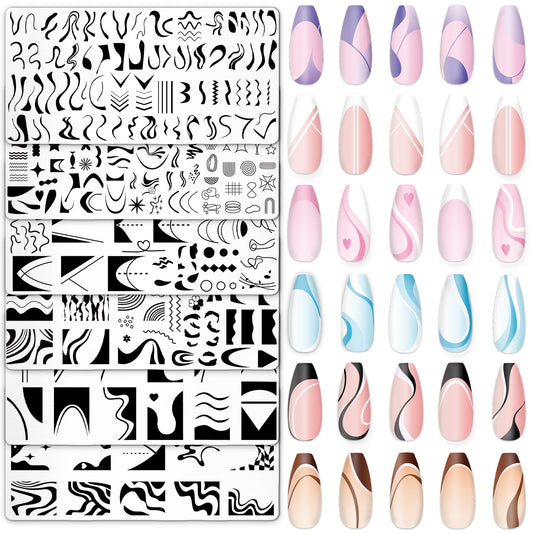 Whaline 6 Pcs French Line Nail Plates Stamping Set Minimalism Wave Stripe Stamp Templates Nail Art Plates for DIY Print Manicure Salon Design