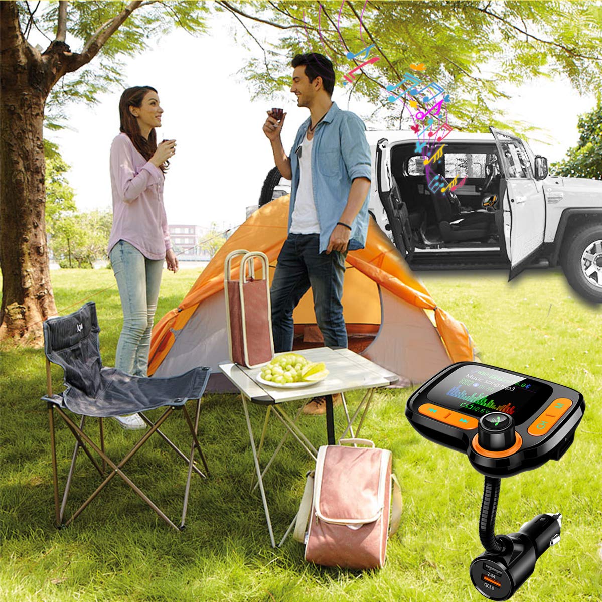 TSNAM Bluetooth FM Transmitter Car Adapter,Support Wireless Handsfree Call and MP3 Music/APP Audio Play,1.8" Color Screen,3 USB Charger,3.5mm AUX Port,Compatible with iPhone,iPad,Samsung and More