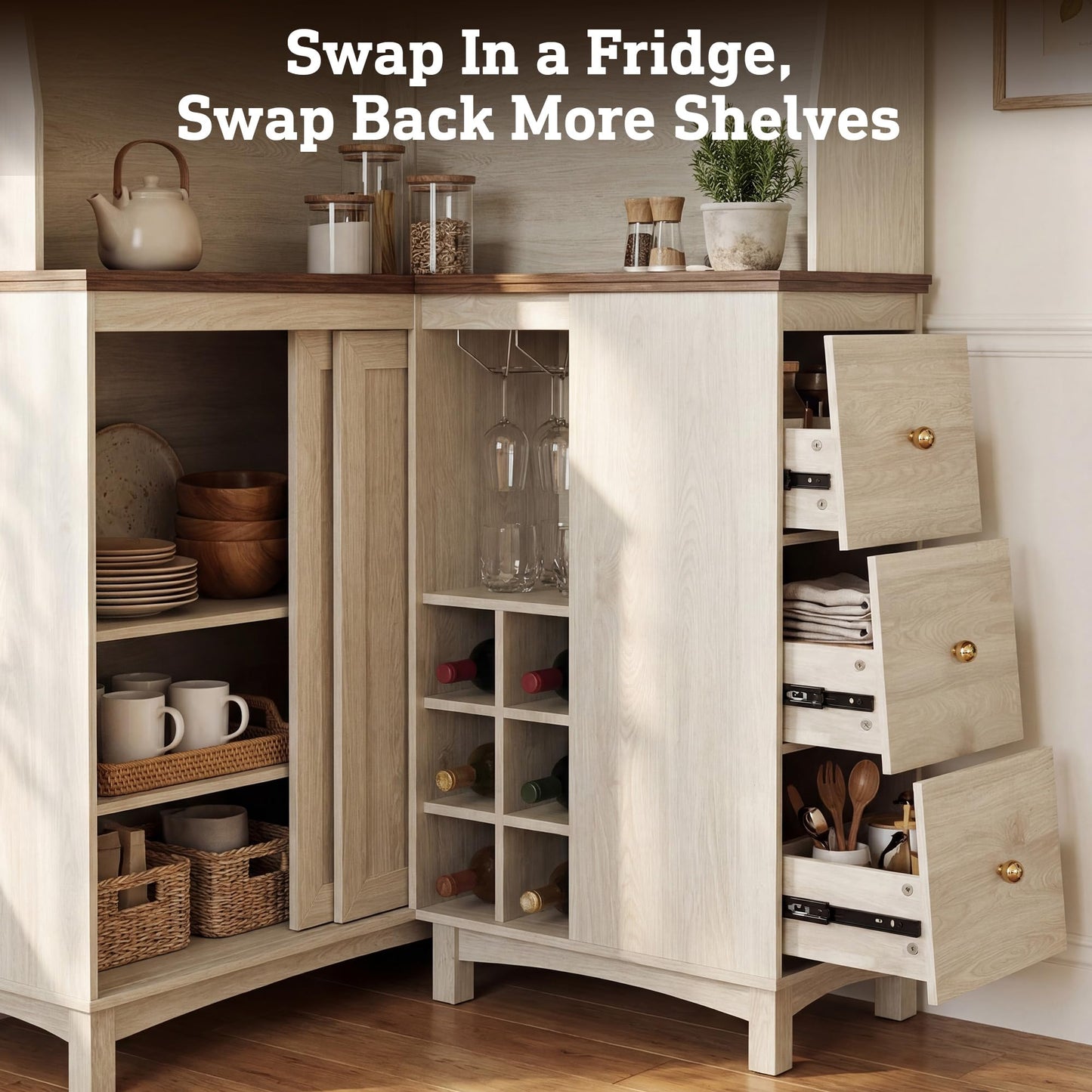STO’Sense 71" Tall Corner Cabinet w/Charging Station,L-Shaped Kitchen Pantry Storage Cabinet w/3 Drawers,Countertop,Wine Rack,Shelves,Glass Holder&Sliding Door, Large Microwave Stand Hutch, Antique
