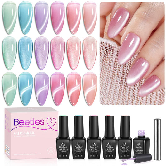 Beetles Cat Eye Gel Nail Polish Set, 6 Colors Fairy Garden Pastel Spring Shimmer Glitter Gel Polish Kit Pink Red Blue Orange Green Purple Velvet Gel Soak Off UV Magnet Nail Art DIY Gift for Women