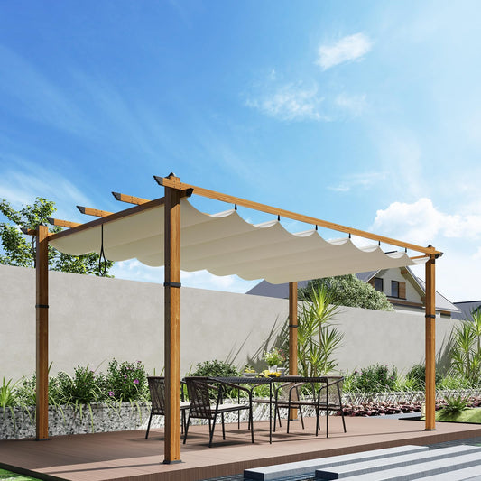 BouPower 10 x 13 ft Aluminum Pergola with Adjustable Canopy, Outdoor Metal Pergola, Imitation Wood-Grain Sun Shade Shelter for Garden Patio Backyard Deck
