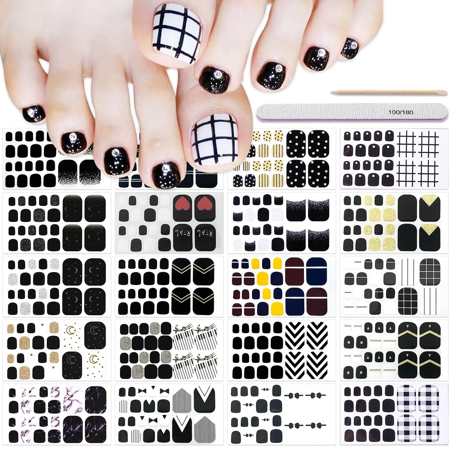 DANNEASY 20 Sheets Toe Nail Stickers Full Nail Wraps - Black, Toenails Polish Strips Self Adhesive Toenail Polish Stickers Gel Strips Manicure Sticker Nails for Women with File, Cuticle Stick