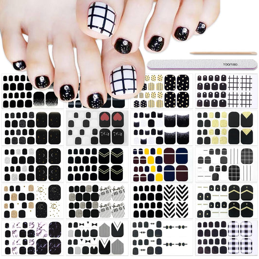 DANNEASY 20 Sheets Toe Nail Stickers Full Nail Wraps - Black, Toenails Polish Strips Self Adhesive Toenail Polish Stickers Gel Strips Manicure Sticker Nails for Women with File, Cuticle Stick