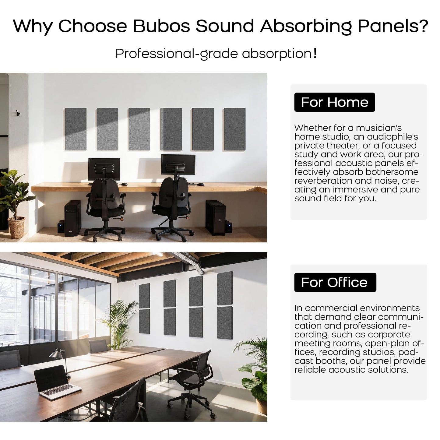 BUBOS 4 PCS Fabric Acoustic Panels, 23.6''x11.8''x1'' Self-Adhesive Soundproofing Panels for Home Studio, Office & Living Room, Sleek Design to Eliminate Echo,Fabric-Clad Grey