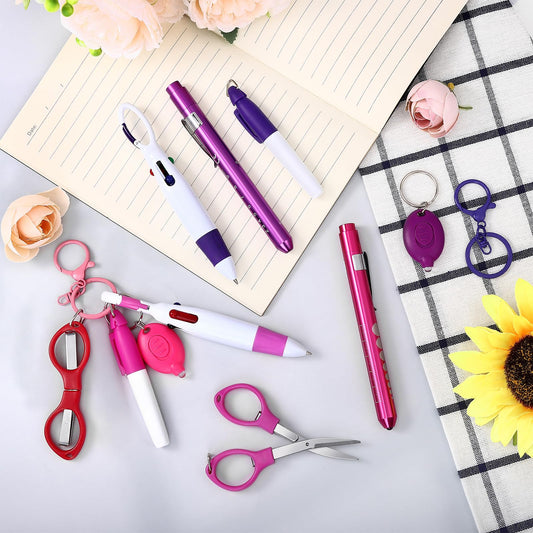 12 pcs Nurse Pen Set Two Colors Pink Purple Include Permanent Marker Pen Pen Lights for Nurses Retractable Ballpoint Pen Nursing Keychain Clip Foldable Scissors LED Flashlight Keychain for Nurses