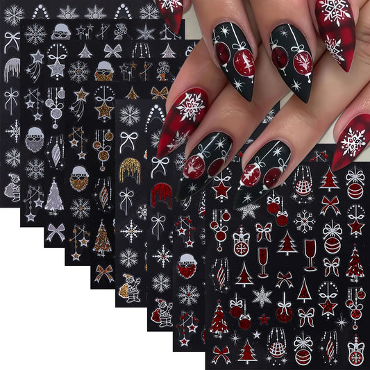 9 Sheets Glitter Christmas Nail Art Stickers Snowflake Christmas Tree Nail Decals 3D Self-Adhesive Bow Snowball Santa Claus Nail Design DIY Christmas Nail Supplies Star Elk Nail Decoration for Women