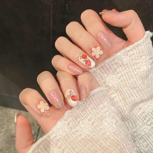 TENPAL Press on Nails 10Pcs with Tools Kit,3D Strawberry Spring Summer Pink Aurora Fake Nails,Cute Floral Almond Short Nails,Full Cover False Nails Simple Blush Glue on Nails Sweet Summer Nails(XS)