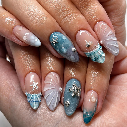 Medium Press on Nails Almond Fake Nails Blue Artificial Nail Ocean Shell French Tips Sea Wave Pearl Starfish Charms Glossy Summer Beach Salon Style Stick on Nail for Women 24pcs