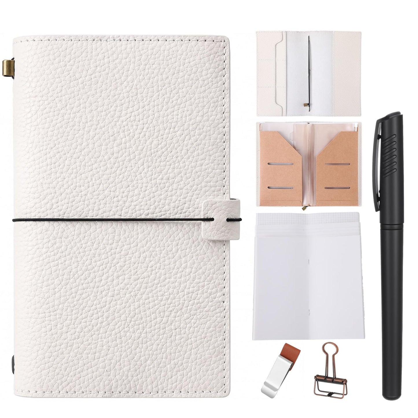 Eaasty Regular Size Travelers Refillable Leather Journal Notebook with Pocket 4.9"x8.6" Handmade Travel Diary for Men Women with 3 Notebook Inserts Kraft File Folder, Pen Holder and Binder Clip(White)