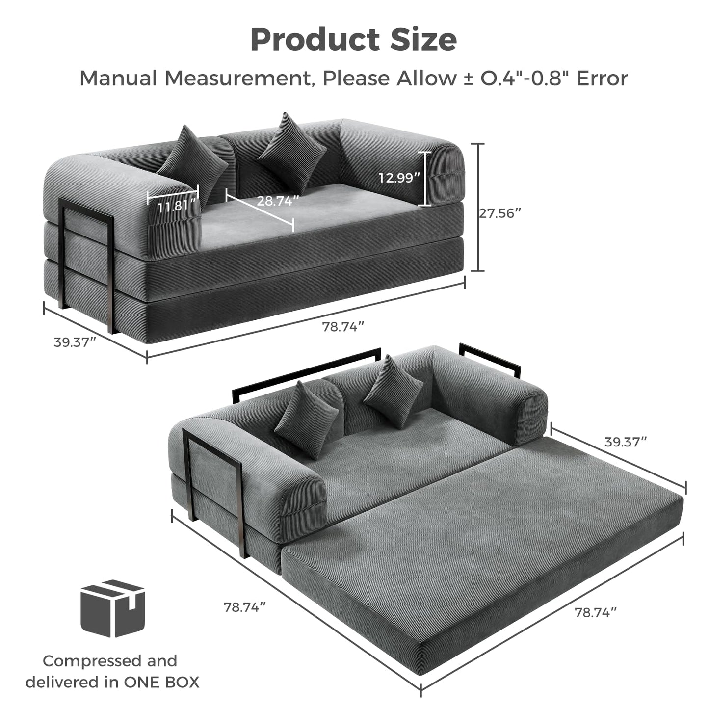 HipyMo 4-in-1 Folding Convertible Sofa Bed, 78 Inch Boneless Couch with Fixed-Shape Frame, Loveseat Sleeper with Pull Out Bed, Floor Sofa Modular Futon Couch for Living Room Bedroom Lounge (Gray)