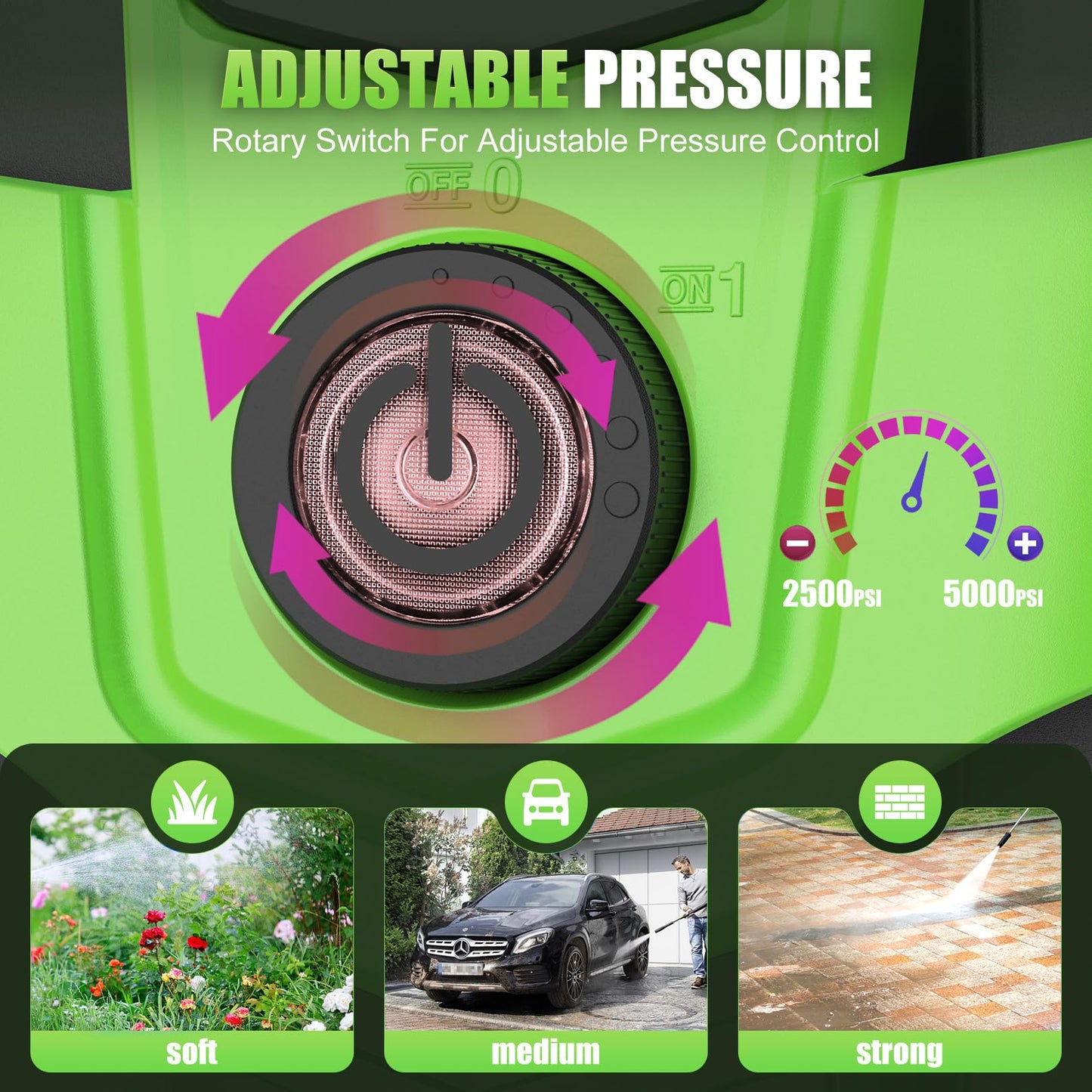 Imdot Adjustable Electric Pressure Washer with 33FT Flexible Extension Hose + 34FT Power Cord, 4 Nozzles, Foam Cannon, Best Power Washer for Cars, Patios, Driveways, Green