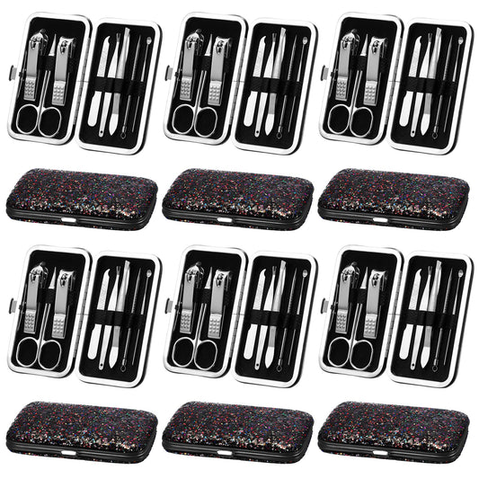 Geosar 12 Set 8 in 1 Manicure Gifts for Fathers Day Bulk Stainless Steel Nail Clippers Kit Pedicure Care Tools with Leather Case Travel Grooming Kit Gift for Women Men Hands Foot(Glitter Silver)