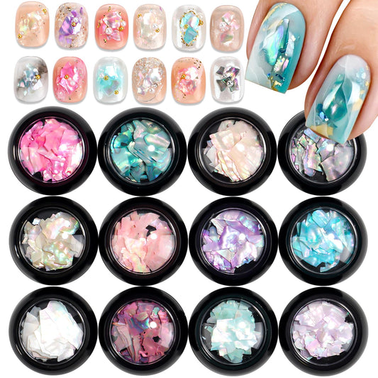 12 Jars Holographic Abalone Seashell Nail Glitter Flakes, 3D Irregular Thin Nail Art Sequins, Summer Nail Charms Mermaid Shell Slices Decorations, Manicure DIY Paillette Accessories for Women Girls