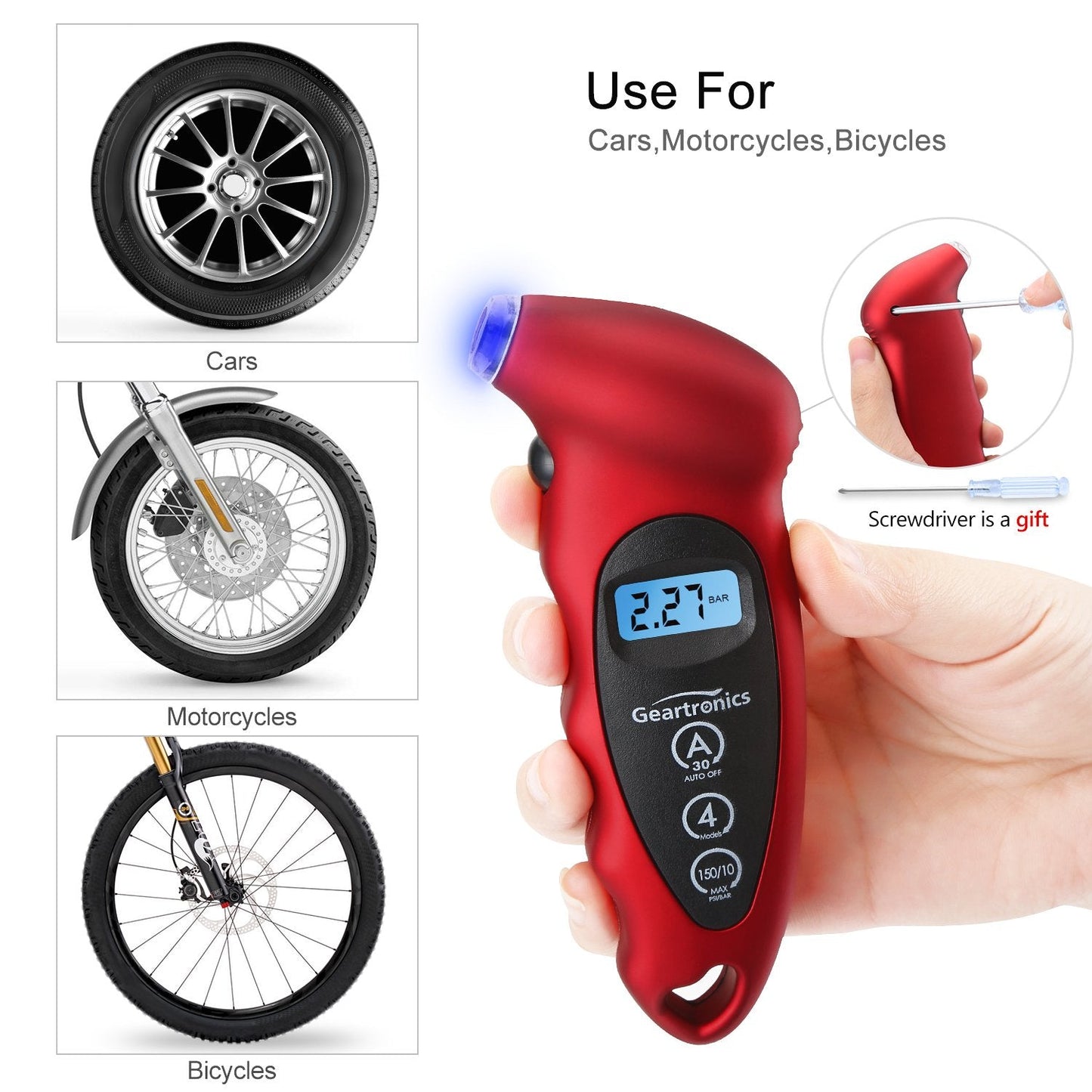 Geartronics Digital Tire Pressure Gauge 150 PSI 4 Settings with Backlight LCD Tire Gauge for Cars, Motorcycles and Bikes with Non-Slip Grip, 2 Pack