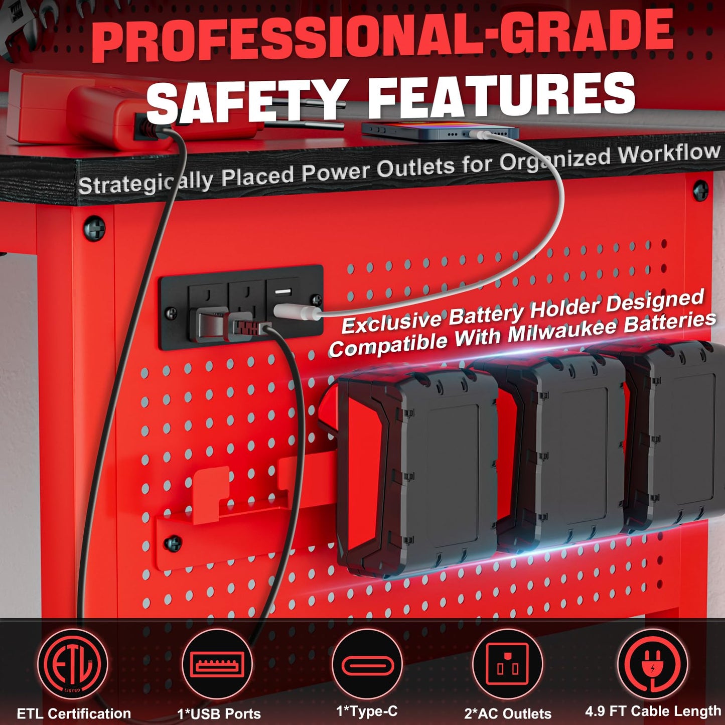Ferreteriai 47" Heavy Duty Workbench with Power Outlet & USB-C, Exclusive Red Side Battery Holder, Adjustable Height, 2100LB Capacity, Locking Wheels, Pegboard for Garage, Workshop, and Home Use