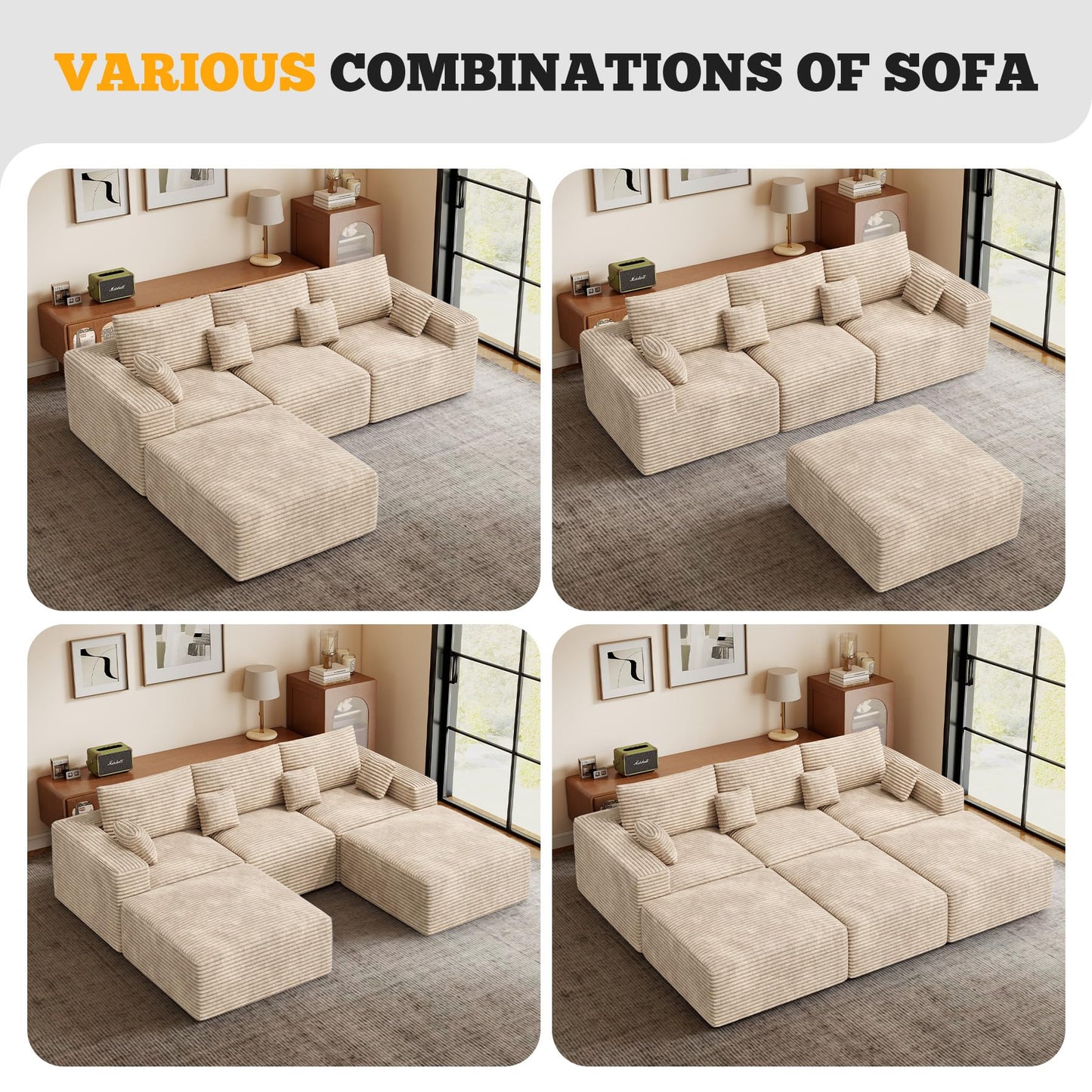 113" Modular Sectional Sofa, Convertible U-Shaped Cloud Couches for Living Room with Ottoman, 5 Seater Corduroy Boneless Couch Sofa Set, No Assembly Required, Khaki 1 PCS