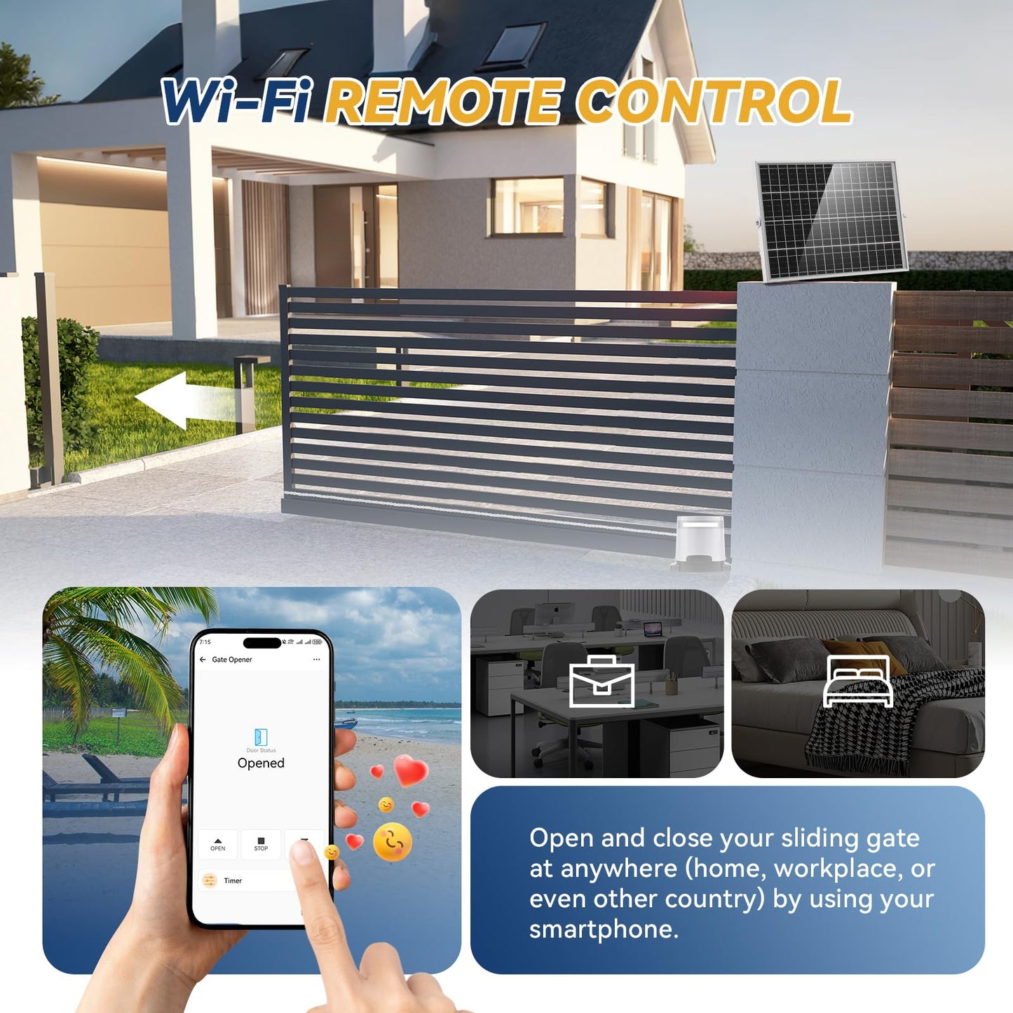 1300lbs Solar Sliding Gate Opener Chain Drive with Built-in Backup Battery, WiFi Remote Control, IR Sensor, Automatic Gate Motor for Heavy Driveway Slide Gates, Off-Grid Operation with Solar Panel
