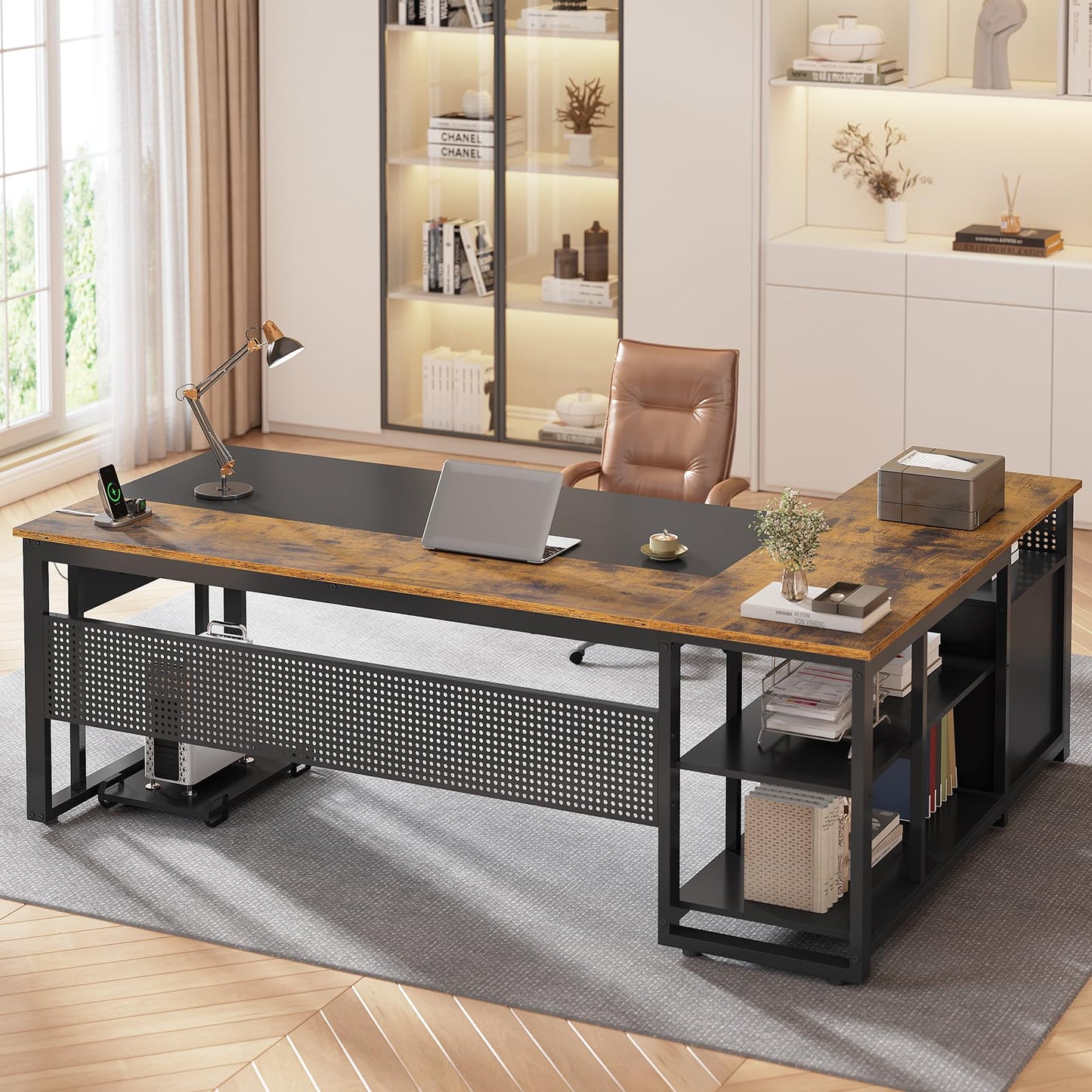 UPOSOJA 71 in Executive Desk with Power Outlets, Reversible L Shaped Desk with File Drawers & Storage Shelves, Large Office Desk Computer Desk with Pegboard, Mobile CPU Stand, Modern Corner Desk