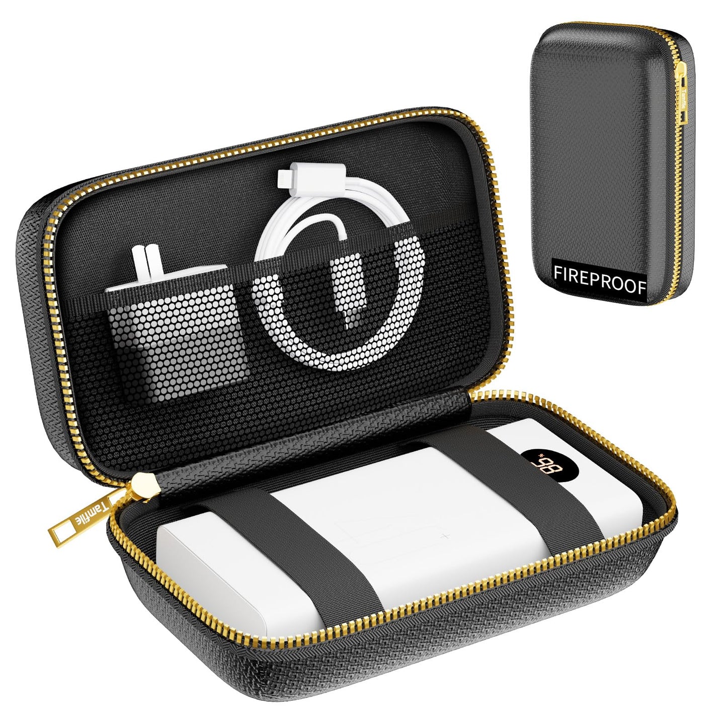 Electronics Travel Organizer with Fireproof Zipper, Hard Case Explosion-Proof Cables Carry Box Compatible with Hard Drive, Fireproof Portable Safe Storage for Power Bank, Phone, Charger, Cord, Black