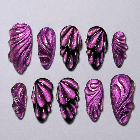 24pcs Black Purple Press on Nails Cat's Eye Fake Y2K Nails 3D Butterfly Water Drops Design Handmade Press on Nails Cool Punk False Nails Medium Almond Tip False Nails for Women Daily Wear