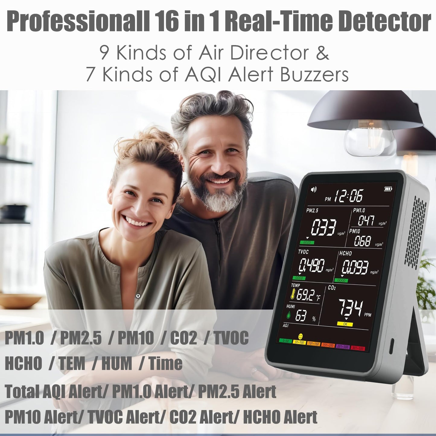 Professional Indoor Air Quality Monitor with AQI, Portable Real-Time Detector for Home Cars Plants and Pets