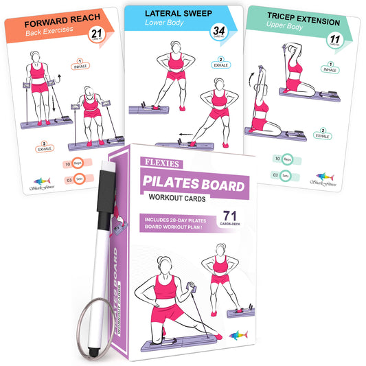 Flexies Pilates Board Workout Cards | 71 Reformer Board Exercise Cards with Postures, Instructions & Breathing Tips | Waterproof Color-Coded Fitness Cards Deck + 28 Day Challenge with Dry-Erase Marker