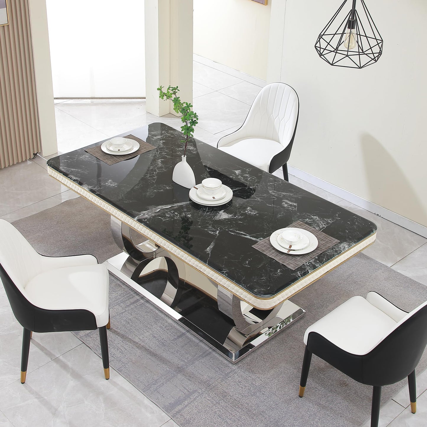 Legendstone 79" Marble Dining Table Set for 6, Modern Kitchen Table with Double-Circle Shaped Stainless Steel Base, Luxury Black Dining Set with 6 Black-White Dining Chairs for Home, Kitchen