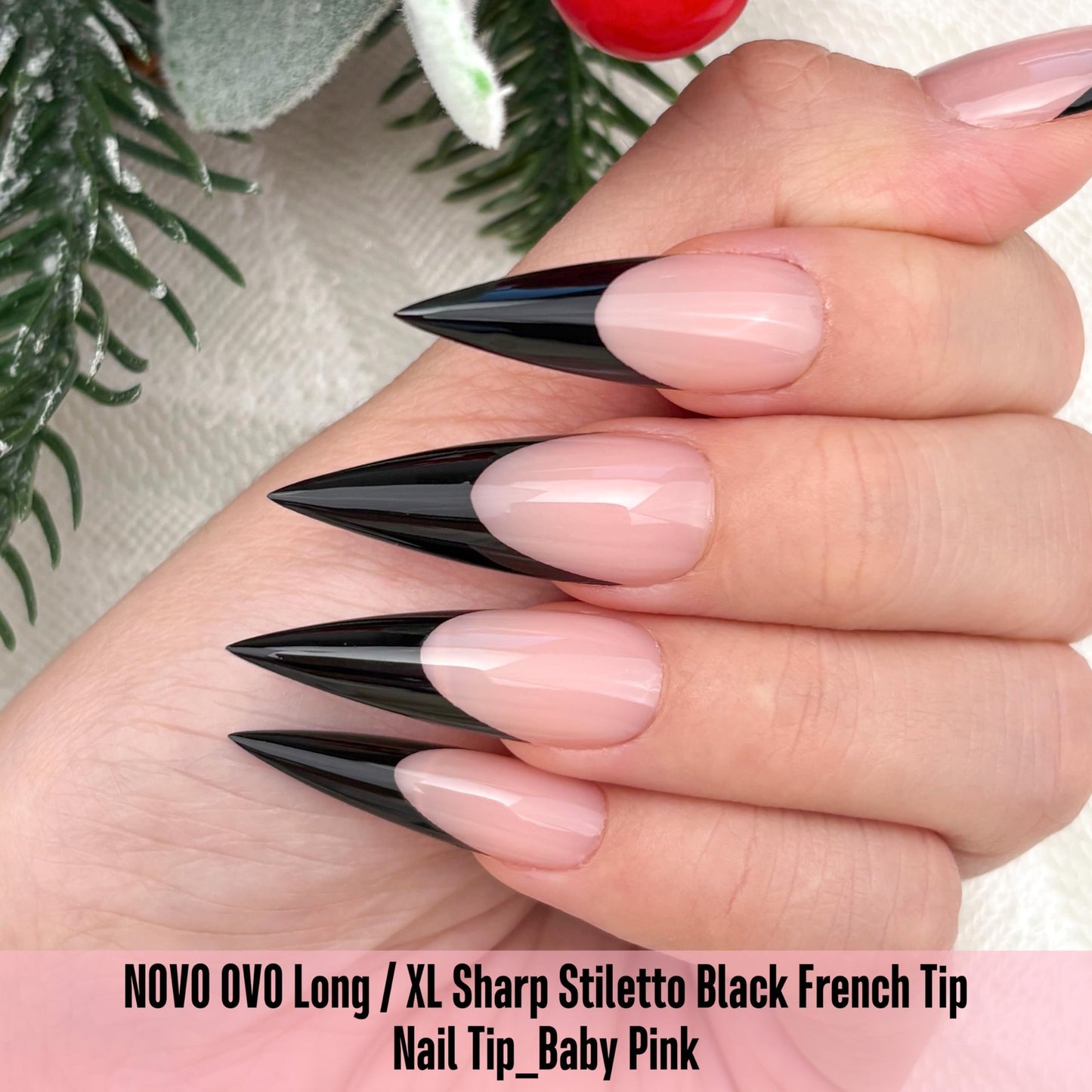 NOVO OVO Black French Tip Long XL Sharp Stiletto Nail Tips Press on BABY PINK, Soft Gel Double Matte Fake Nail Extension, Full Cover False Nails for Acrylic DIY x 16 Sizes 160 pcs