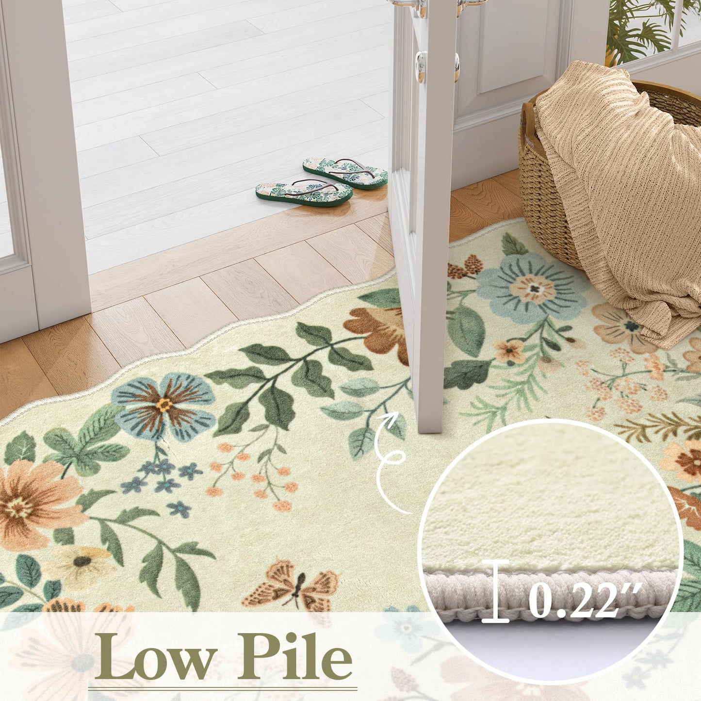 Lahome Floral Washable Rugs 8x10, Non-Slip Soft 8x10 Rugs for Living Room Bedroom, Ultra-Thin Stain Resistant Boho Accent Carpet for Dining Room Office Flore, Beige
