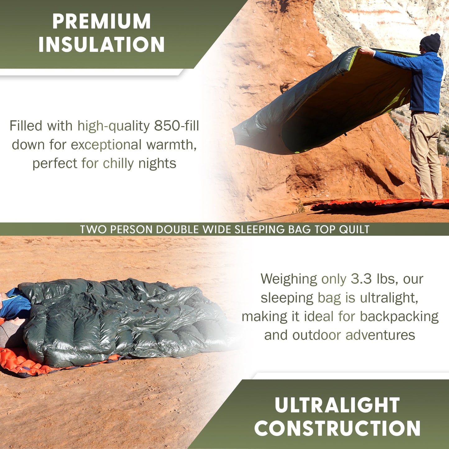 Two-Person Double Wide Sleeping Bag Top Quilt - 850 Down Ultralight Camping Blanket - 3.3 lbs, 30°F Rated, Water-Resistant Backpacking Quilt