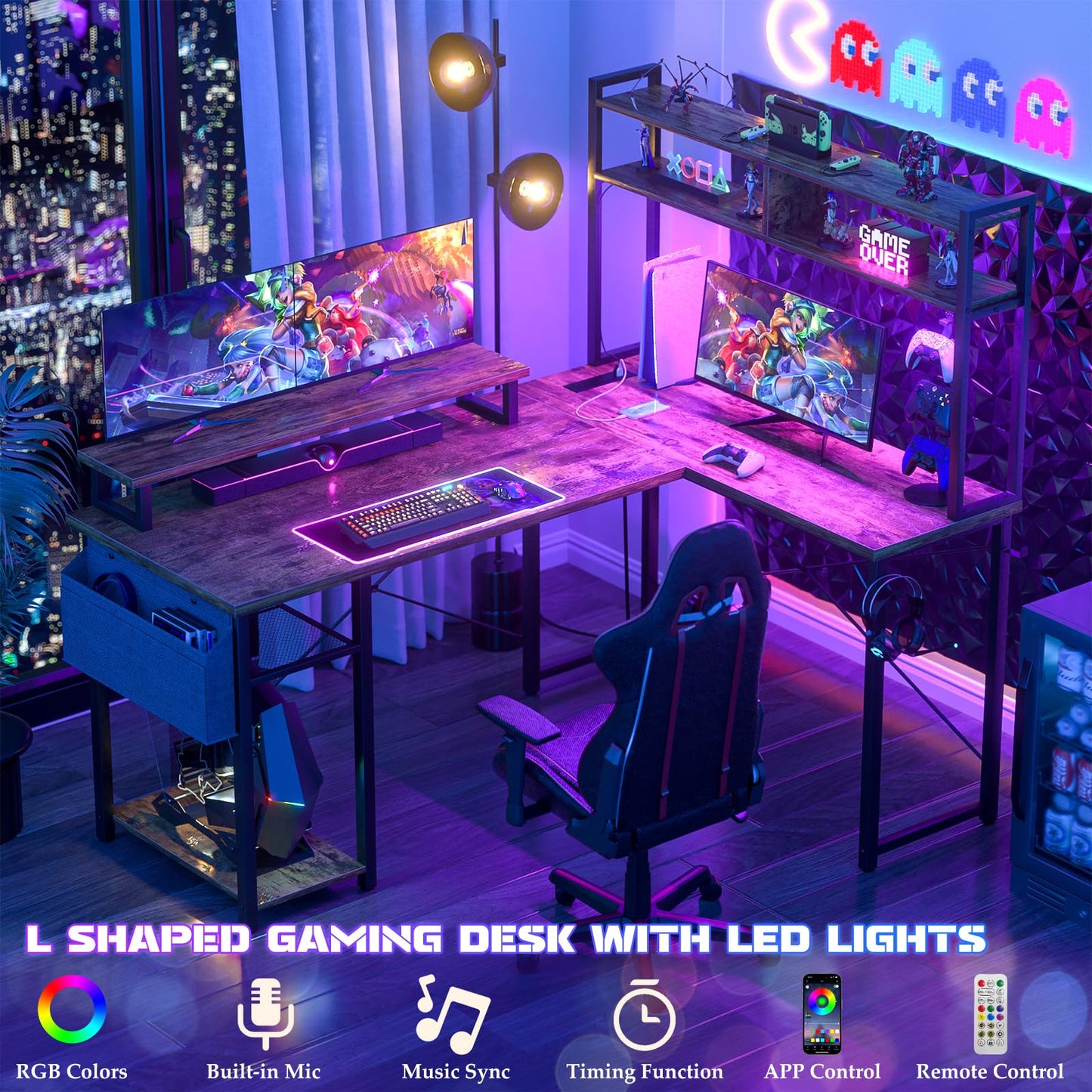 Aheaplus Small L Shaped Gaming Desk with LED Lights & Power Outlets, Reversible L-Shaped Computer Desk with Monitor Stand & Storage Shelf, Corner Desks Home Office Desk with Storage Bag, Rustic Brown