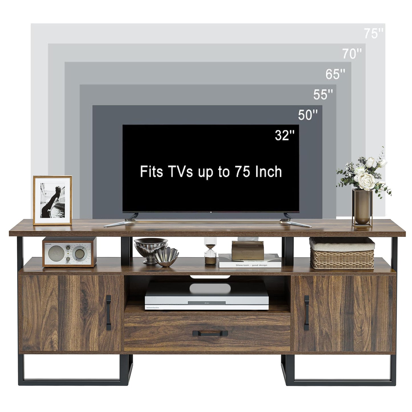 IDEALHOUSE 70 inch TV Stand for TVs up to 75", Industrial Entertainment Center with Storage Drawer and Open Shelves, TV Console Media Cabinet for Living Room, Bedroom, Rustic Brown