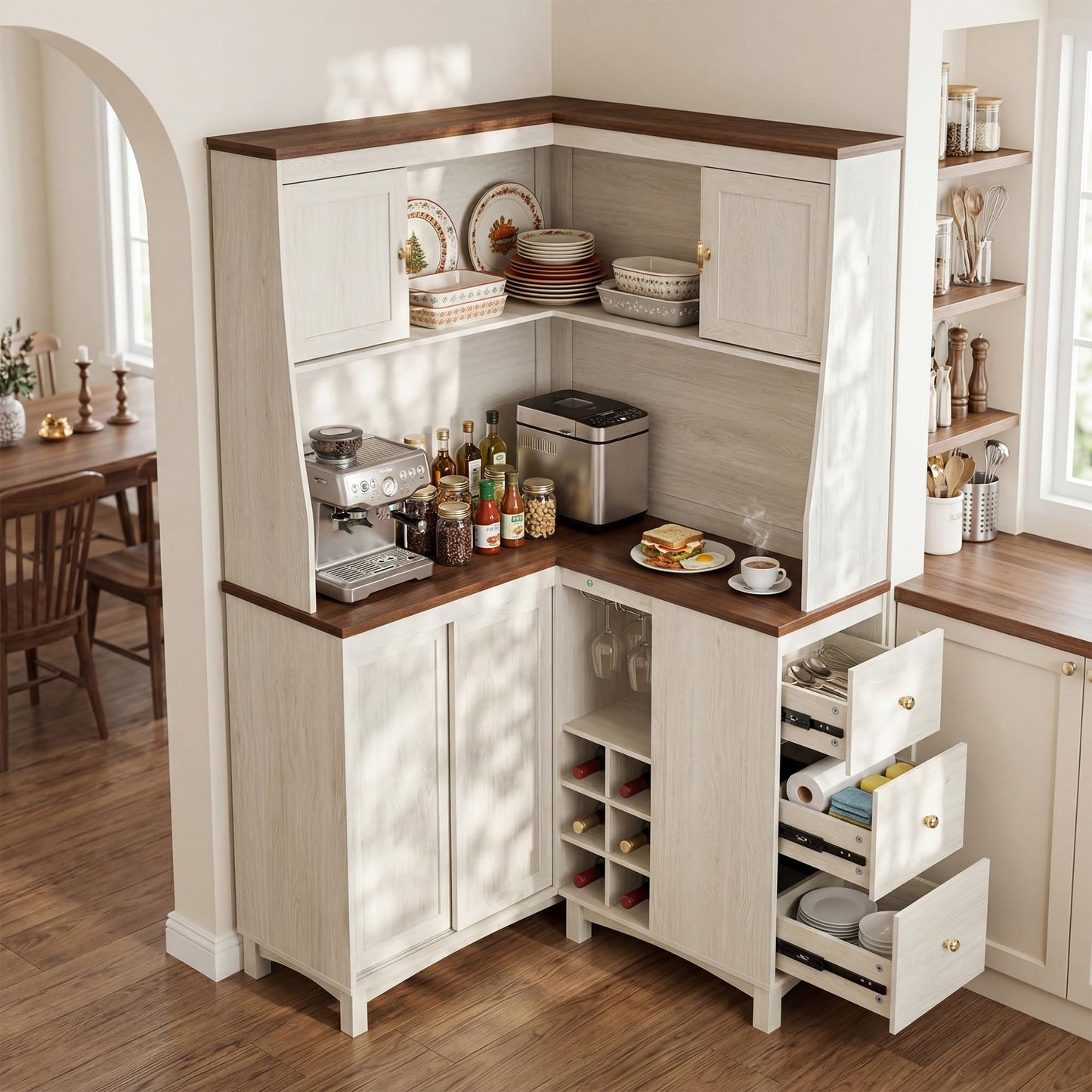 STO’Sense 71" Tall Corner Cabinet w/Charging Station,L-Shaped Kitchen Pantry Storage Cabinet w/3 Drawers,Countertop,Wine Rack,Shelves,Glass Holder&Sliding Door, Large Microwave Stand Hutch, Antique