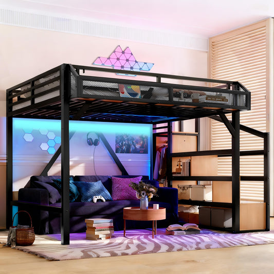 Bellemave Queen Metal Loft Bed with Storage Stairs, Shelves & Wardrobe, Queen Size Loft Bed Frame with LED Lights & USB Ports for Kids Teens, Noise-Reduced Design, Natural Wood