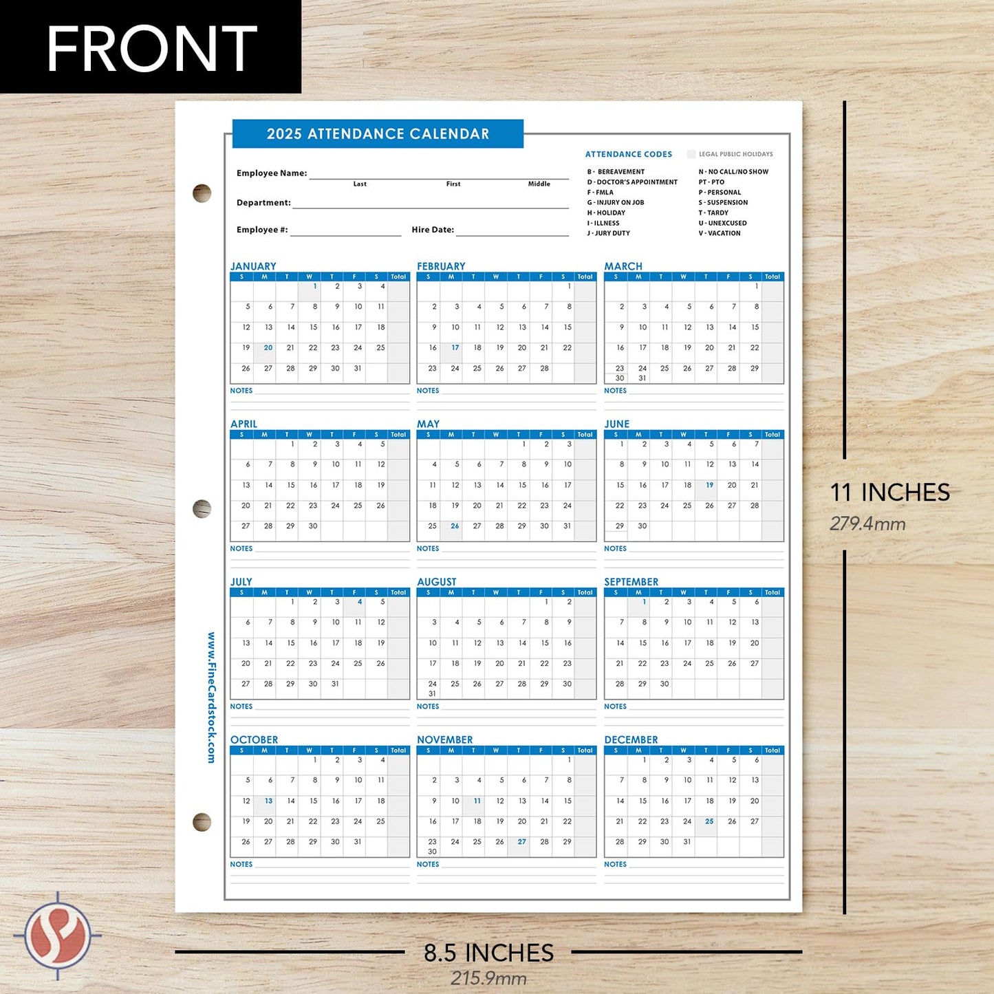 2025 Attendance Calendar Card Stock Paper – Great Employee Work Tracker | Printed on Durable and Thick 80lb (216gsm) Cardstock | 8 ½ X 11 | 25 Sheets per Pack