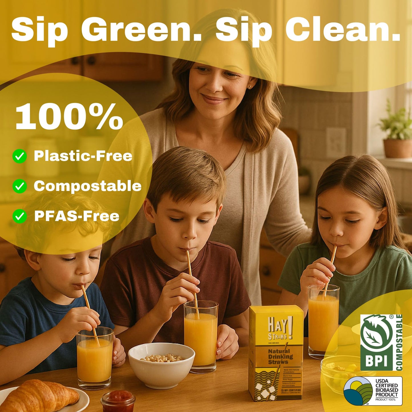 HAY! Straws® 7.75" Regular Drinking Straws | 3000 ct 100% Biodegradable and Compostable | Durable, Non-Soggy, Gluten-Free | Eco-Friendly Alternative to Plastic and Bioplastic Straws