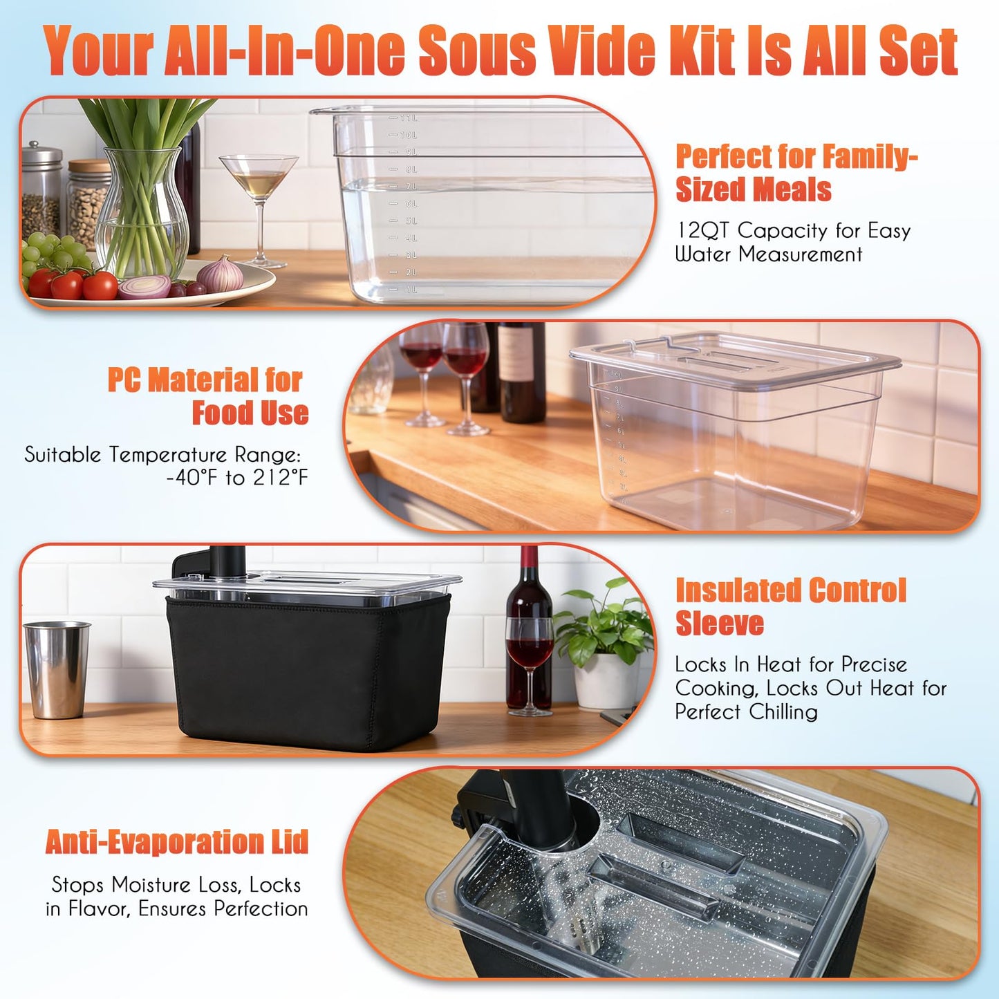 Sous Vide Precision Cooker, Wine Chiller, 1000W, Sous Vide Kit for Kitchen, Immersion Circulator, Sous Vide Container 12 Quart with Lid & Neoprene Sleeve, Accurate Temp & Timer, Fast Heating