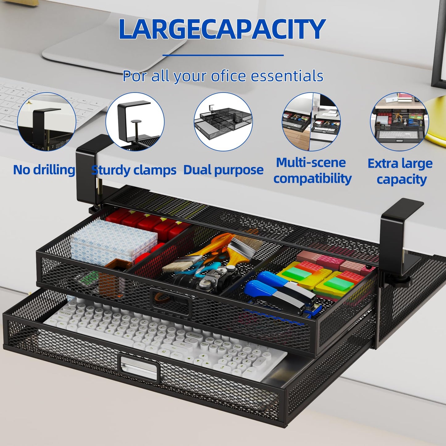 SRJZMLY Under Desk Drawer Organizer No Drill Metal Under Desk Storage Drawer Container 2 Slide Out Cabinet Drawer Suitable for Home And Office (Extra Large)