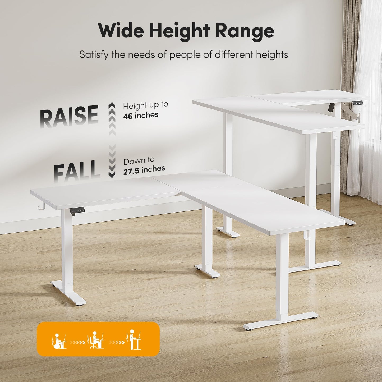 CubiCubi L Shaped Standing Desk 63 x 55 Inch Adjustable Height, Electric Corner Desk, Sit Stand Home Office Desk with Splice Board, White