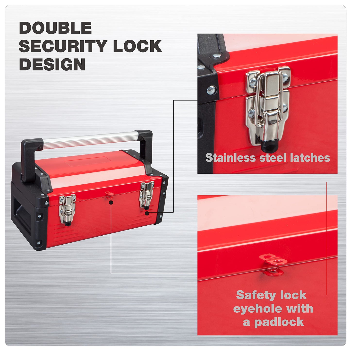 Jack Boss Metal Tool Box Steel 16" Inch Tool Organizer Box Durable Portable Tool Storage with Alum Alloy Handle Double-Lock Toolbox & Removable Tray …