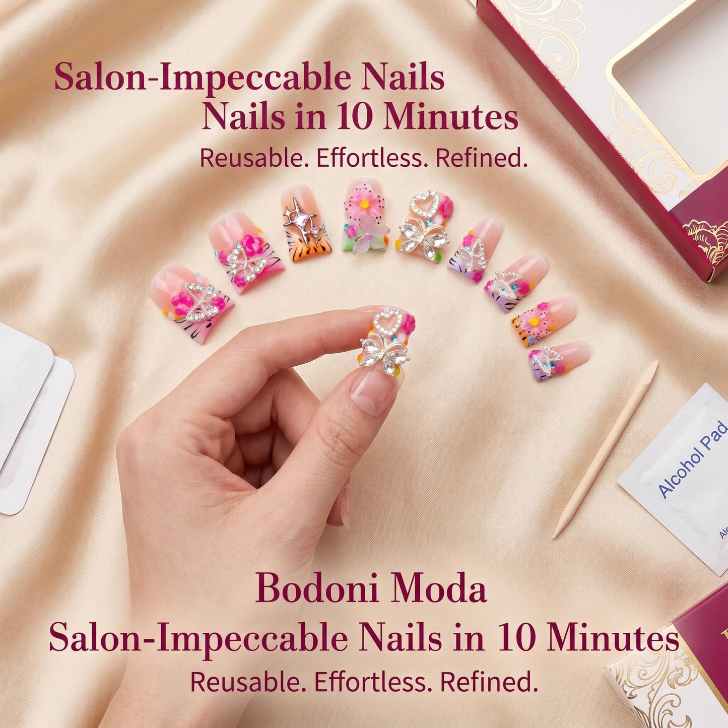 Handmade Luxury Press on Nails Medium Duckbill False Nails Summer with Floral Rhinestones Design Fake Nails Reusable Full Cover Acrylic Nails for Women Manicure 10Pcs (Size M)