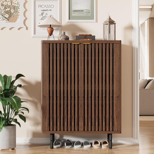 MilleLoom 6-Tier Shoe Cabinet with Doors, Wooden Shoe Storage Cabinet Organizer, Louvered Doors, Freestanding Narrow Entryway & Hallway Shoe Rack, Holds 24 Pairs, Dark Walnut