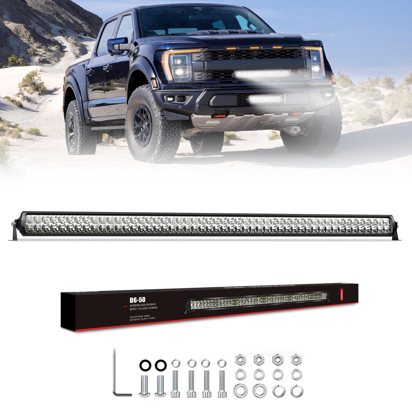 4WDKING LED Light Bar 50 inch IP68&IP69K Waterproof Dual Row Off Road Light Bar with DT Connector 300W Flood and Spot Combo Beam Work Light for Truck Cars ATV UTV Boat
