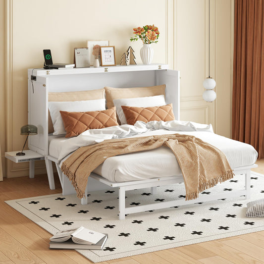 Queen Size Murphy Bed Cabinet with Charging Station,Mobile Cabinet Bed Murphy Chest Bed,Cabinet Bed Queen with Removable Shelves,Space Saving Murphy Bed for Bedroom,Guest Room,Office,White