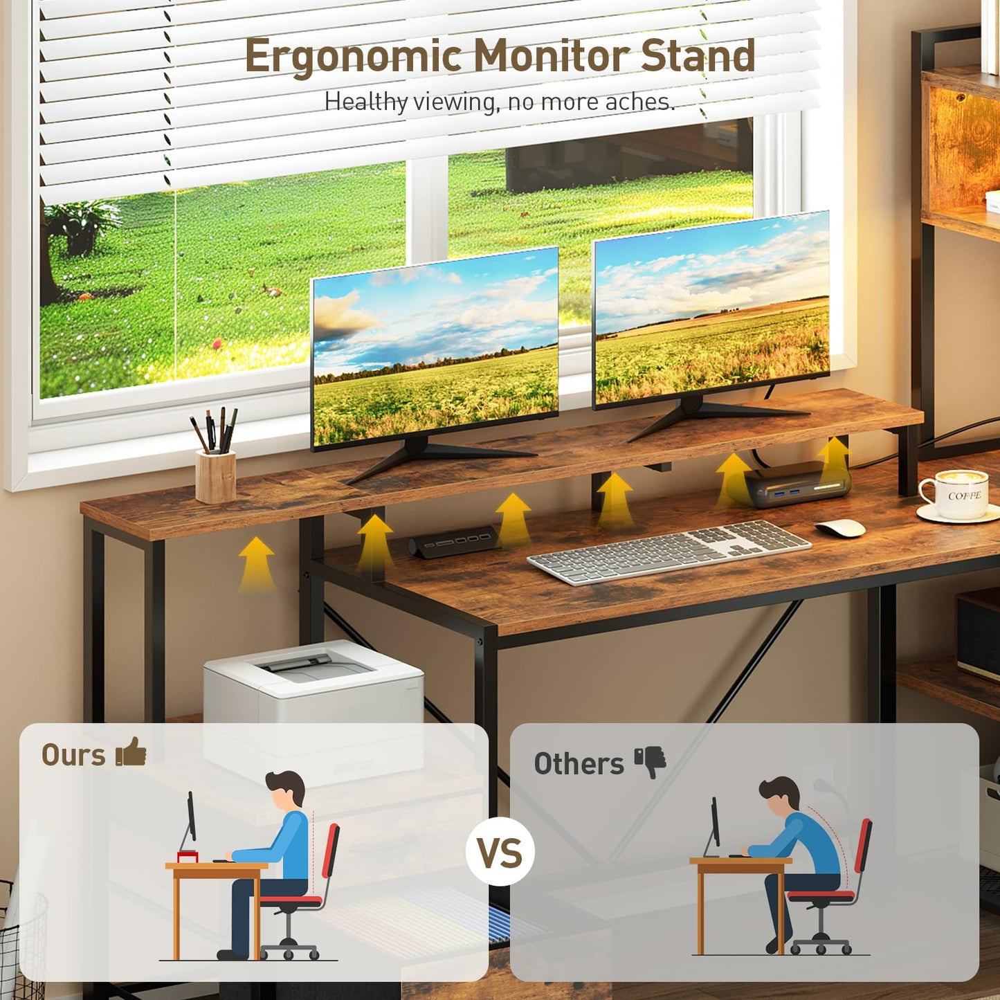 RALGEND 75" L Shaped Gaming Desk with Hutch, L Shaped Desk with Drawers, LED Light, Power Outlets & Pegboard, Corner Desk with Storage Shelves & Monitor Stand for Home Office, Rustic Brown and Black